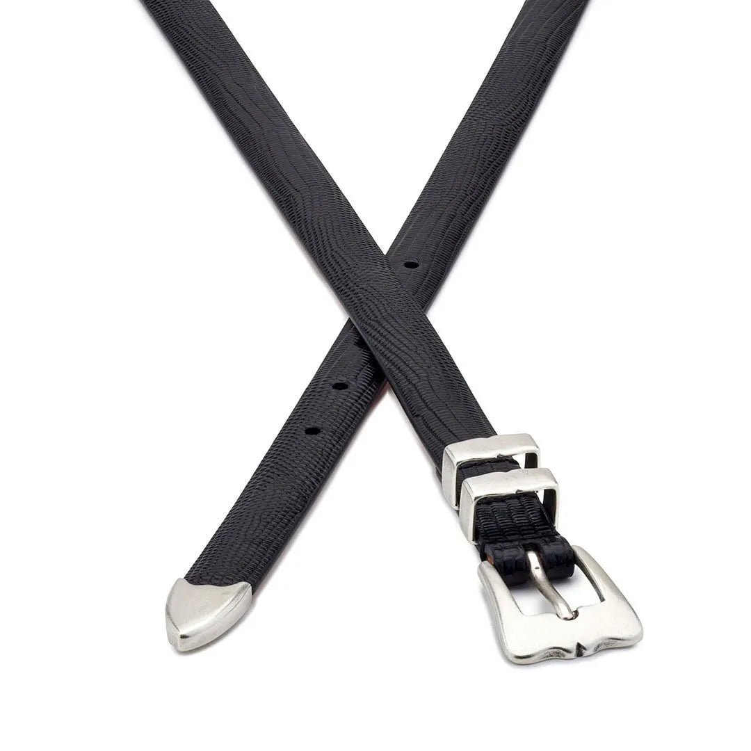 black embossed leather tiny lobster belt, crossed