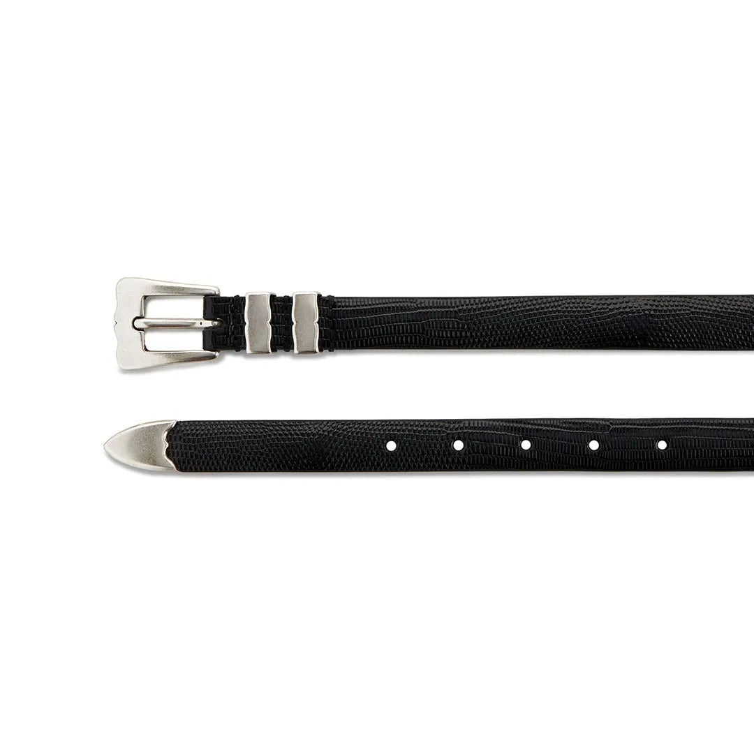 black embossed leather tiny lobster belt, diagonal view