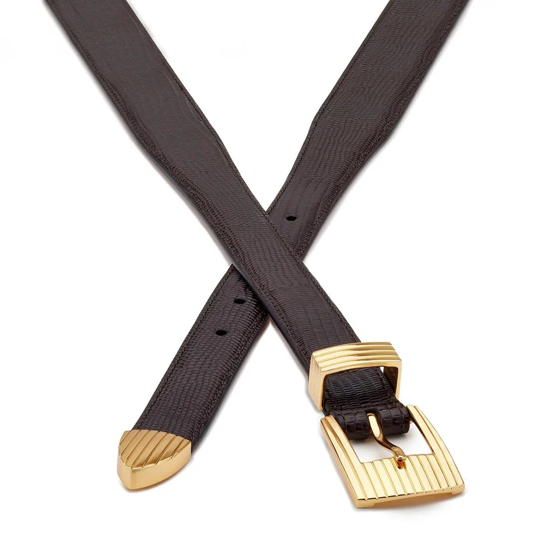 Golden buckle rodeo luxury belt, brown lizard-effect embossed leather, crossed