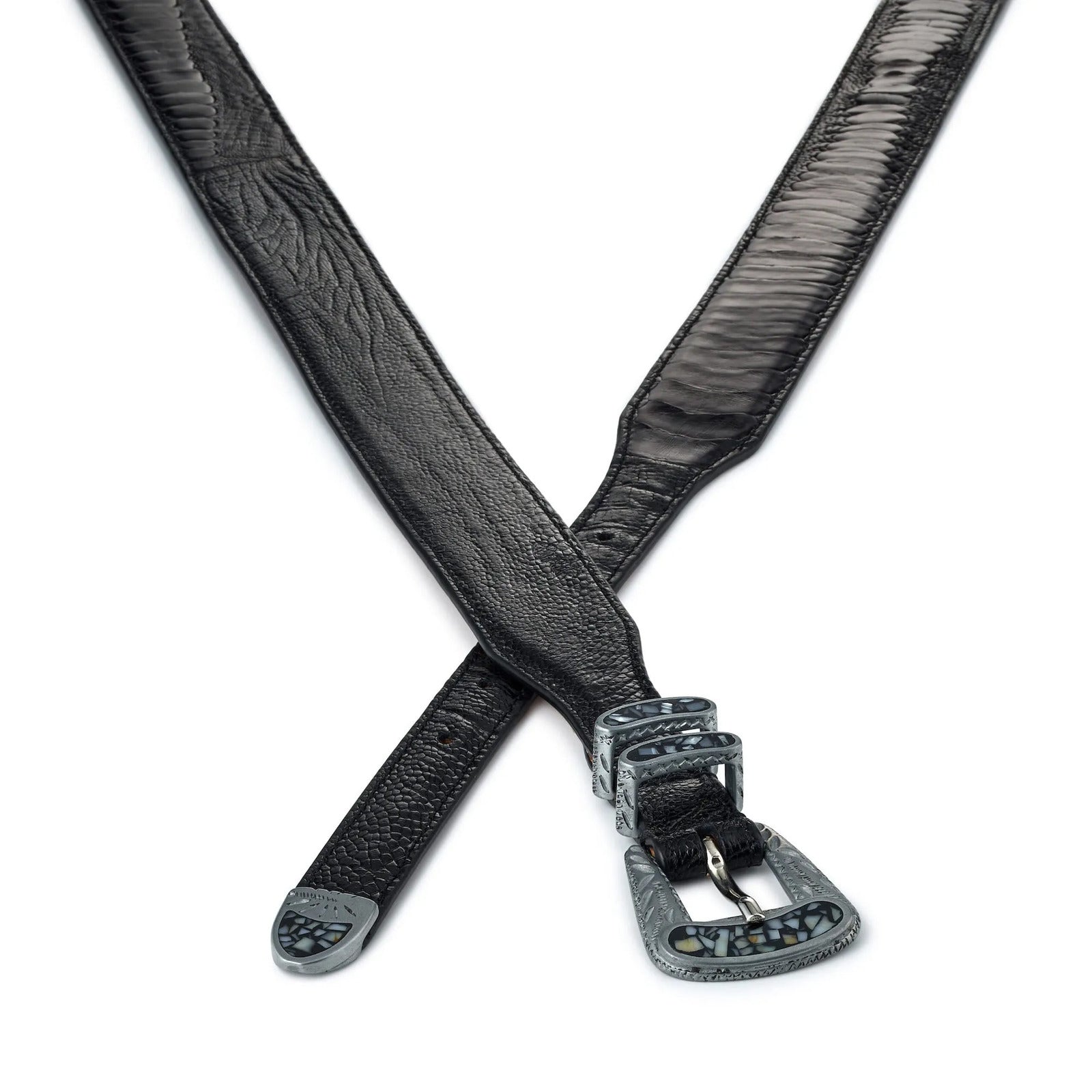 Black exotic ostrich leather New York belt, crossed