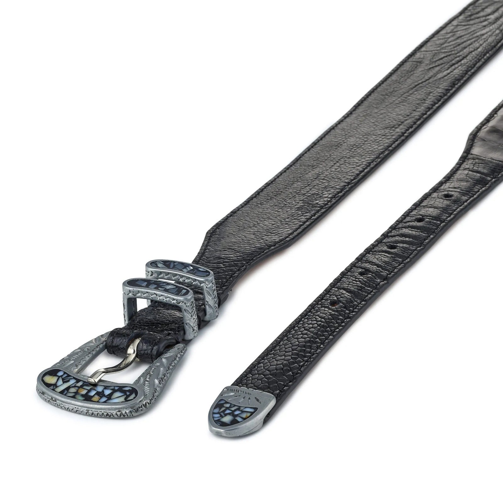 Black exotic ostrich leather New York belt, diagonal view