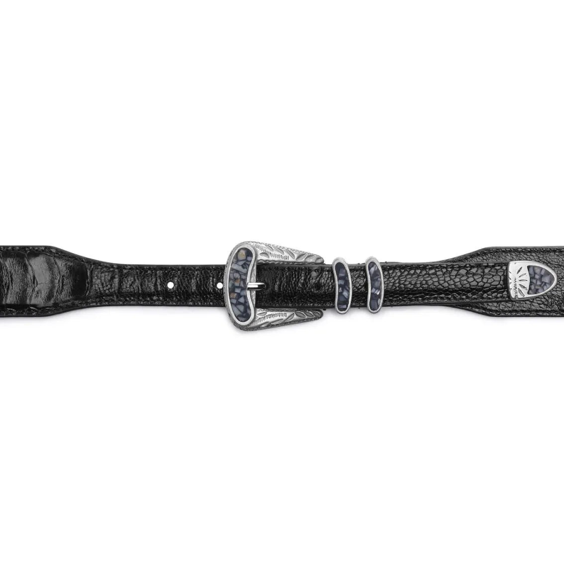 Black exotic ostrich leather New York belt, buckle view