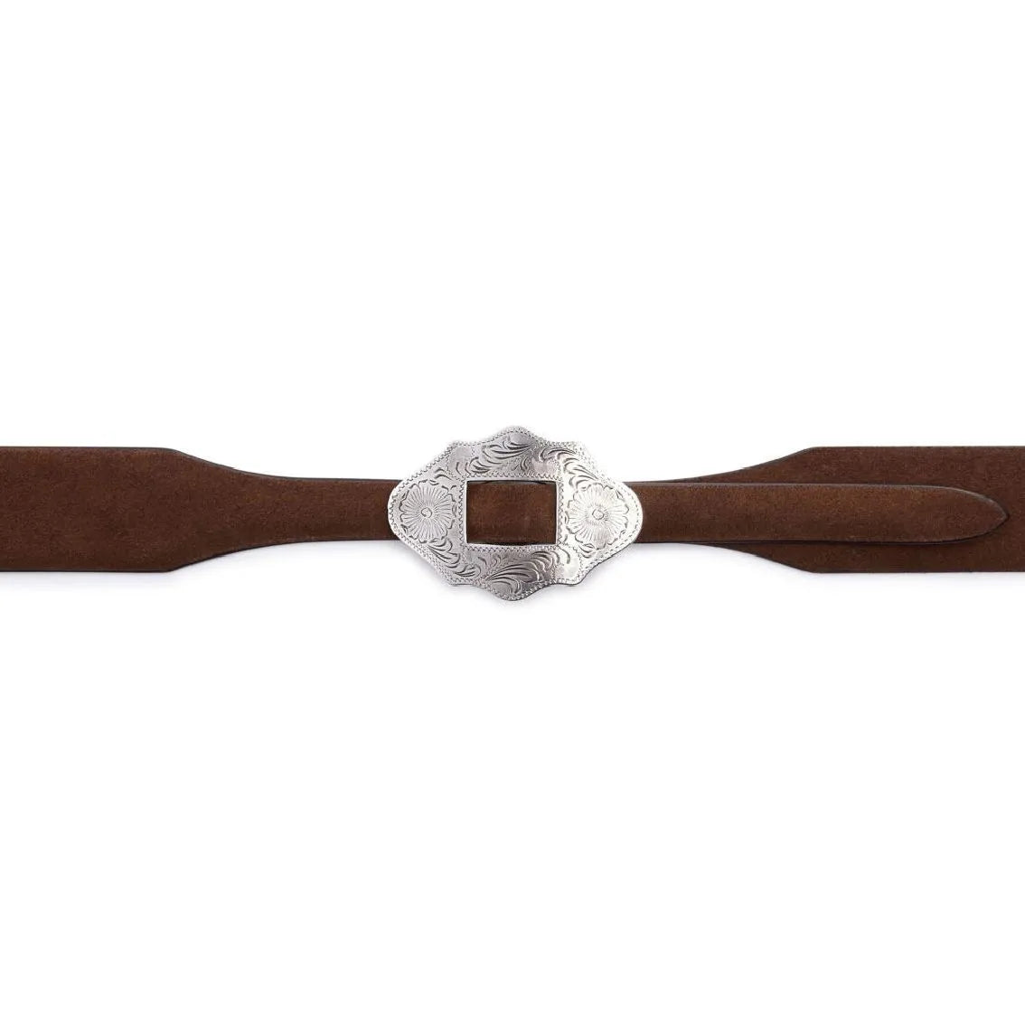 Brown premium suede New Mexico belt with silver buckle, buckle view