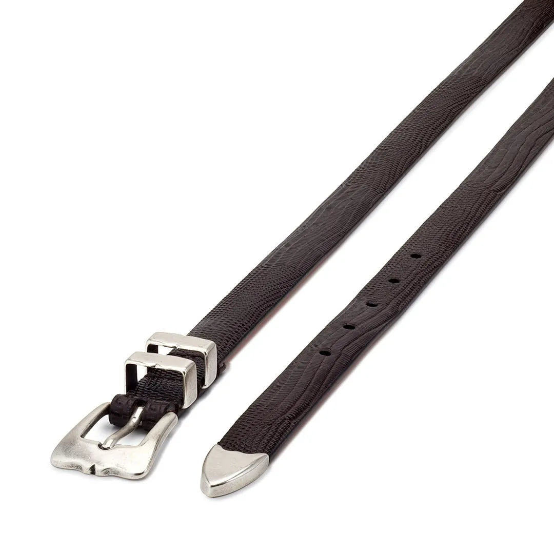 dark brown embossed leather tiny lobster belt, diagonal view