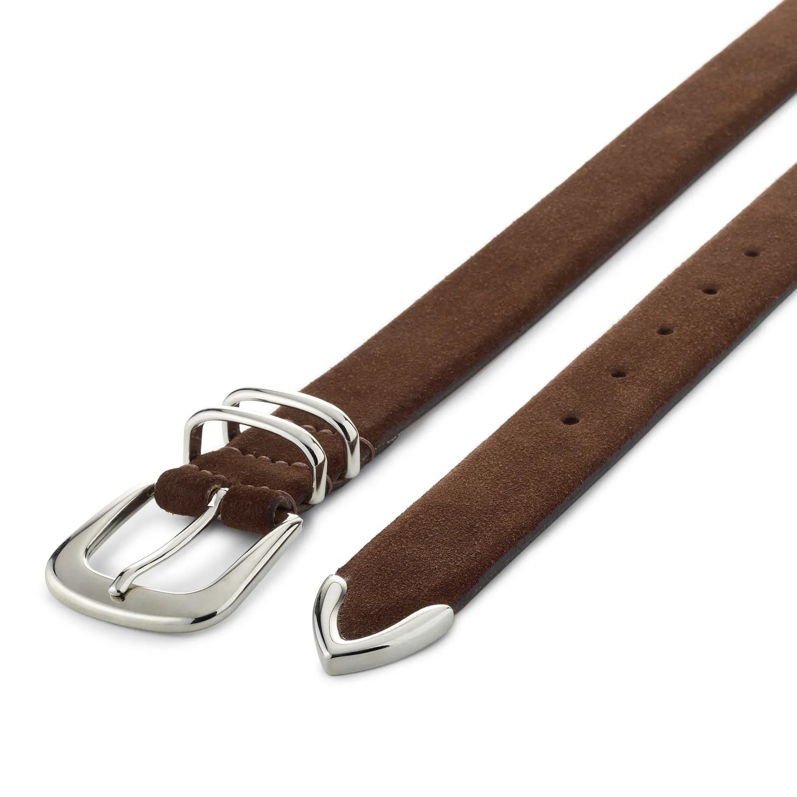 Brown suede first class belt with shiny buckle, buckle view