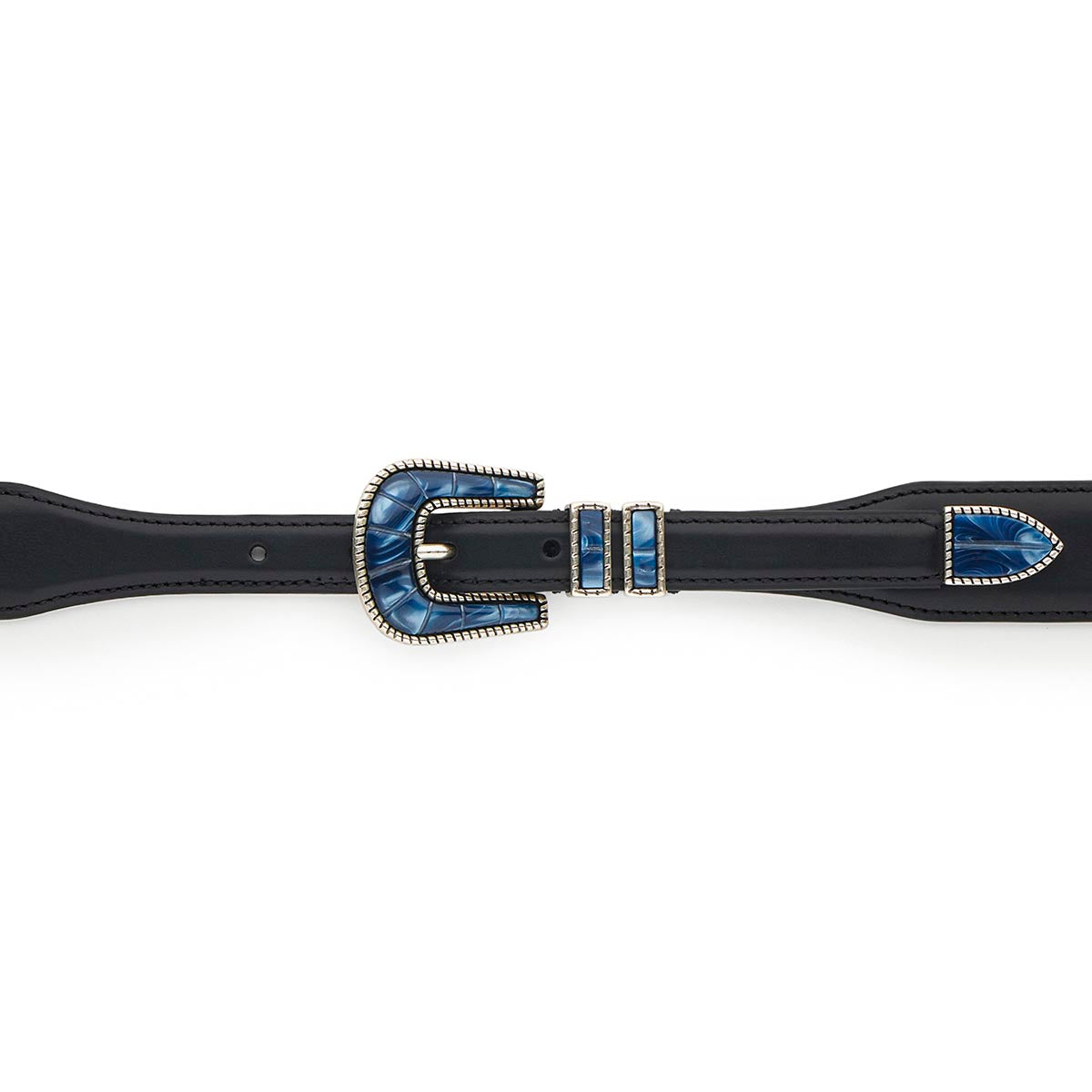 Silver Ostrich Crazy Color belt - CRAZY COLOR - Blue Ocean - Black calfskin