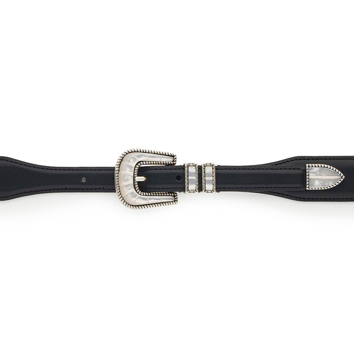 Silver Ostrich Crazy Color belt - CRAZY COLOR - Mother Of Pearl - Black calfskin