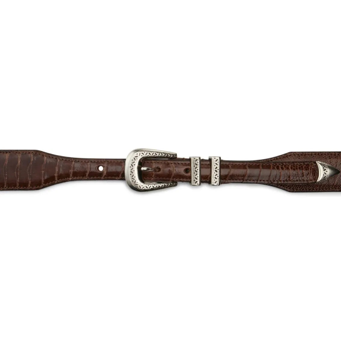 Brown exotic ostrich leather Amboise belt, buckle view