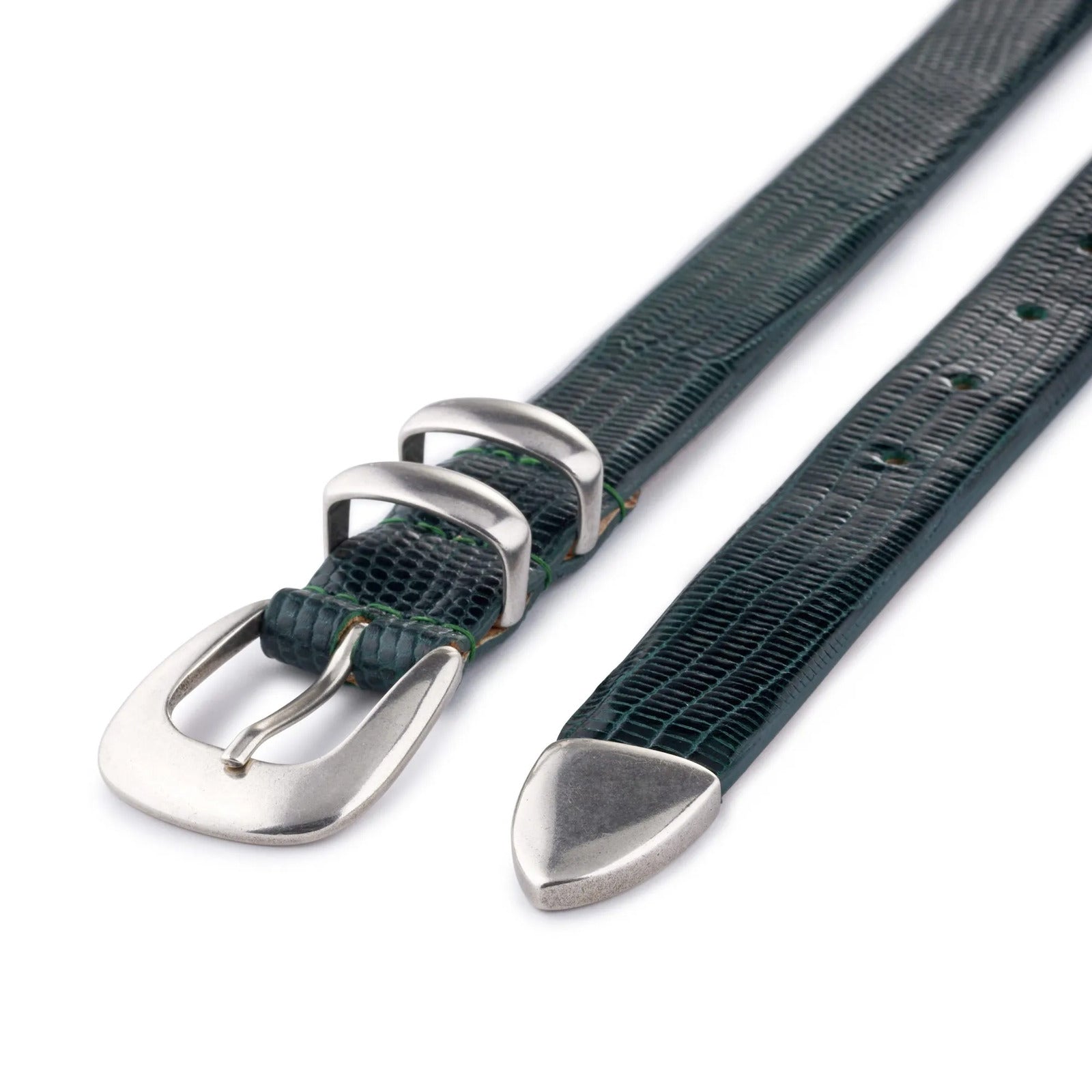Tiny green embossed calfskin leather belt, diagonal view