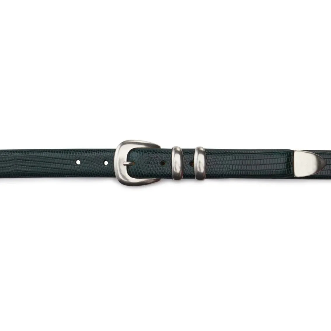 Tiny green embossed calfskin leather belt, buckle view