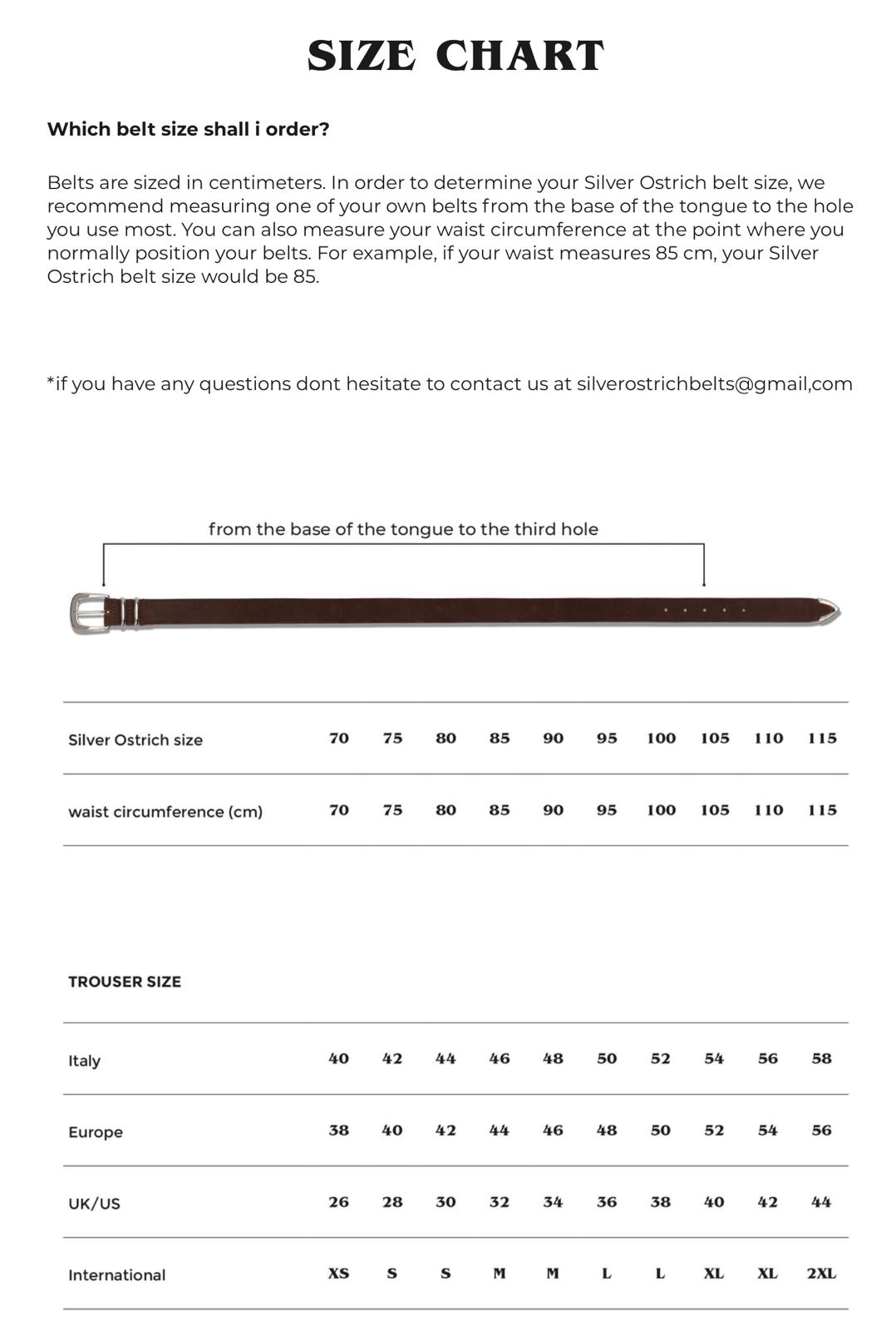 Silver Ostrich Size Chart