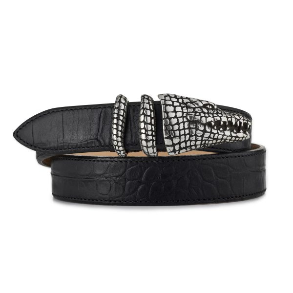 black embossed leather with crocodile buckle everglades belt, rolled