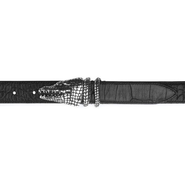 Black embossed leather with crocodile buckle Everglades belt, buckle view