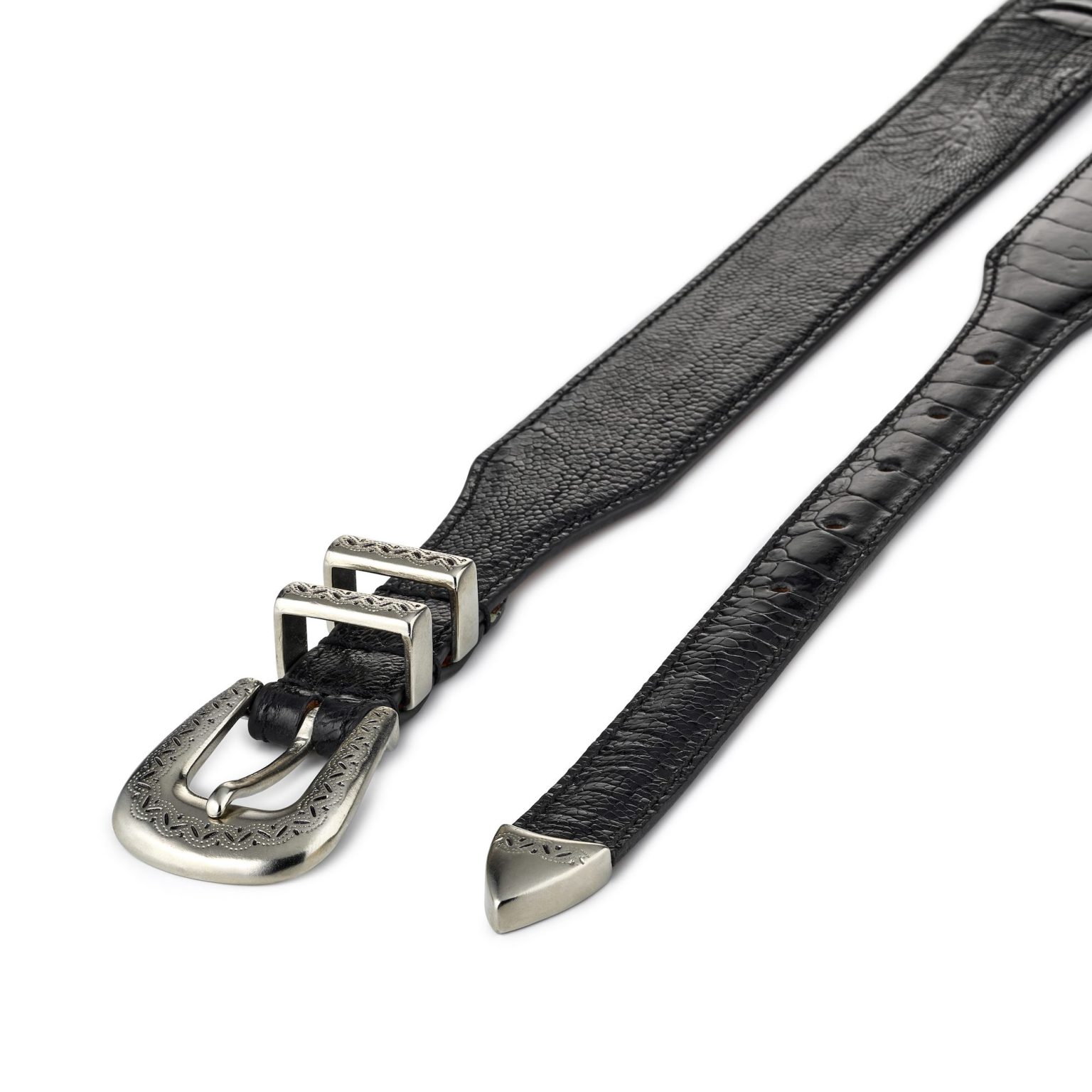 black exotic ostrich leather Amboise belt, diagonal view