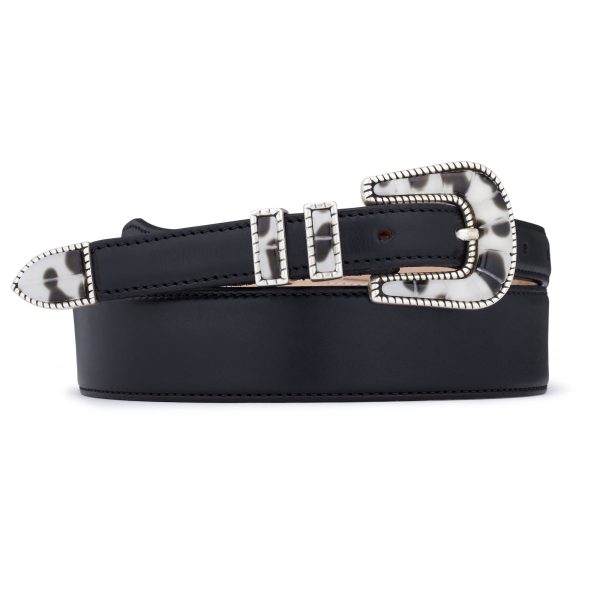 White and black buckle with black calfskin belt, rolled