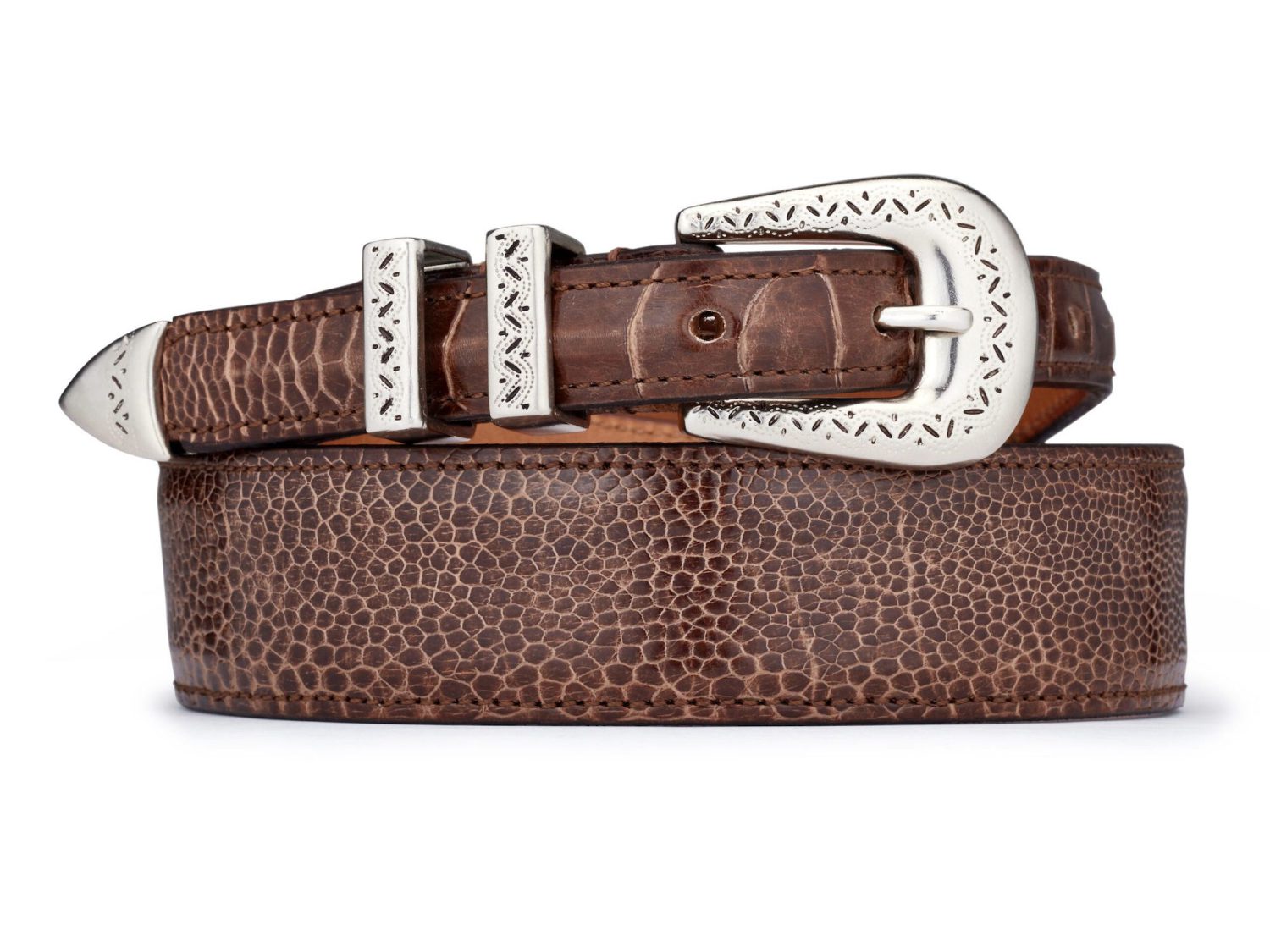 brown exotic ostrich leather amboise belt, rolled