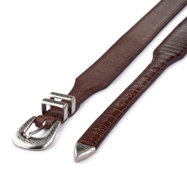 Brown exotic ostrich leather Amboise belt, diagonal view