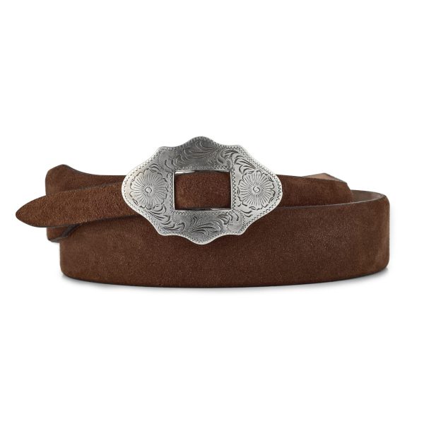 Brown premium suede new mexico belt with silver buckle, rolled