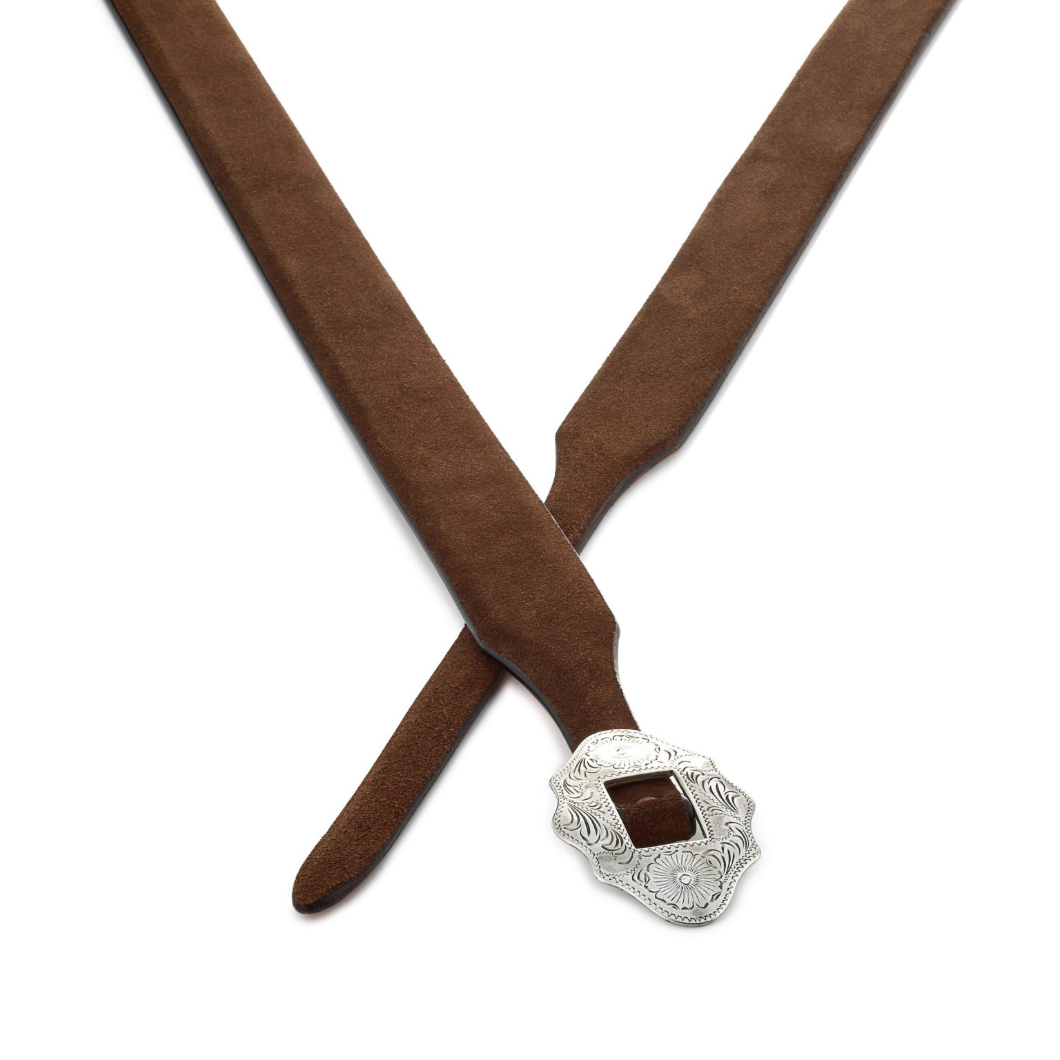 Brown premium suede New Mexico belt with silver buckle, crossed