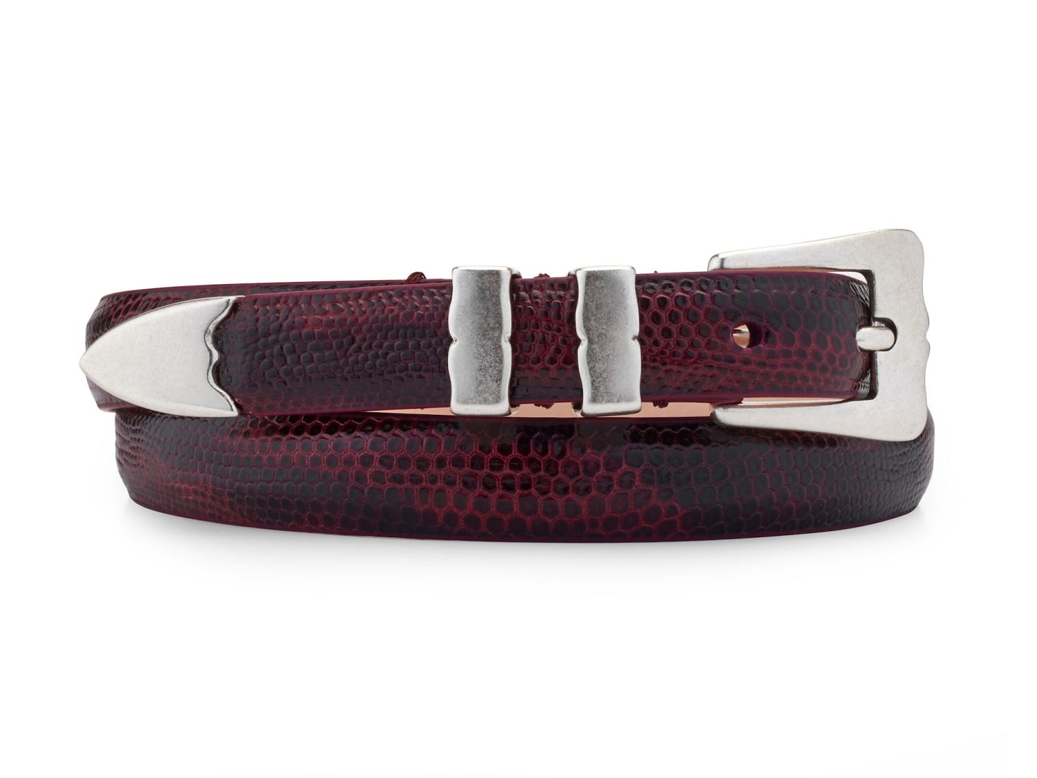 dark red embossed leather tiny lobster belt, rolled