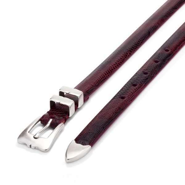 dark red embossed leather tiny lobster belt, diagonal view