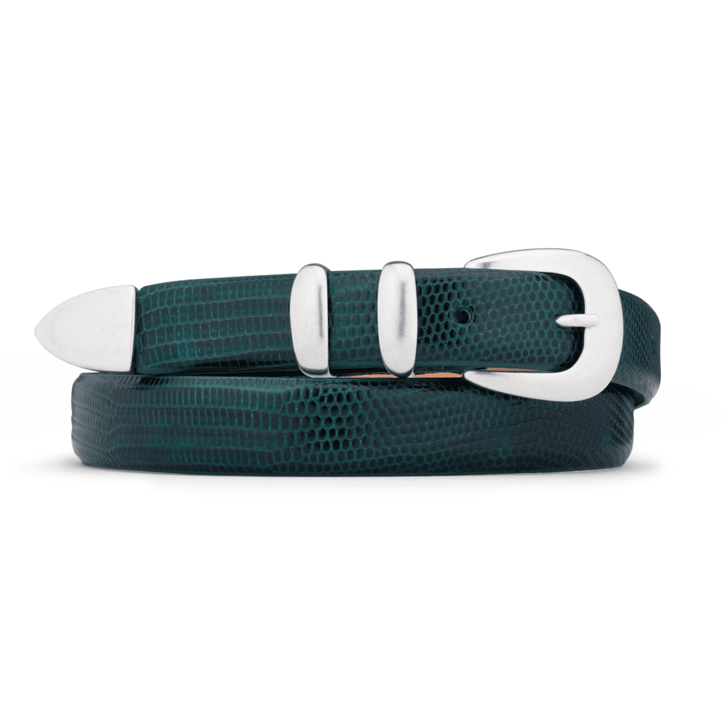 Tiny green embossed calfskin leather belt, rolled