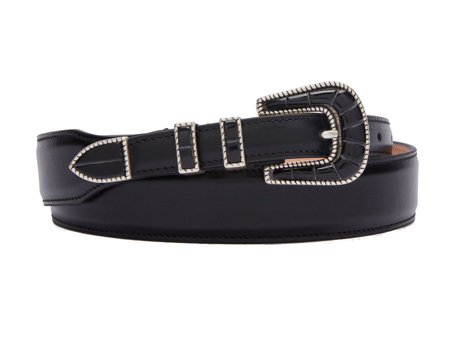 western crazy color belt with black buckle , black calf, rolled