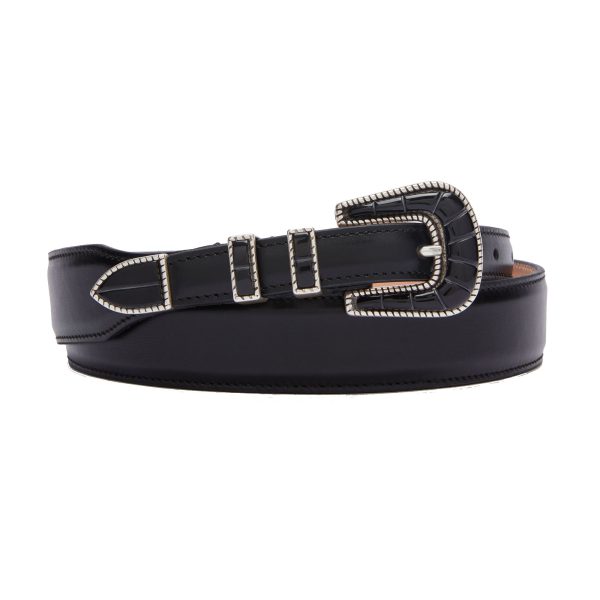 western crazy color belt with black buckle , black calf, rolled