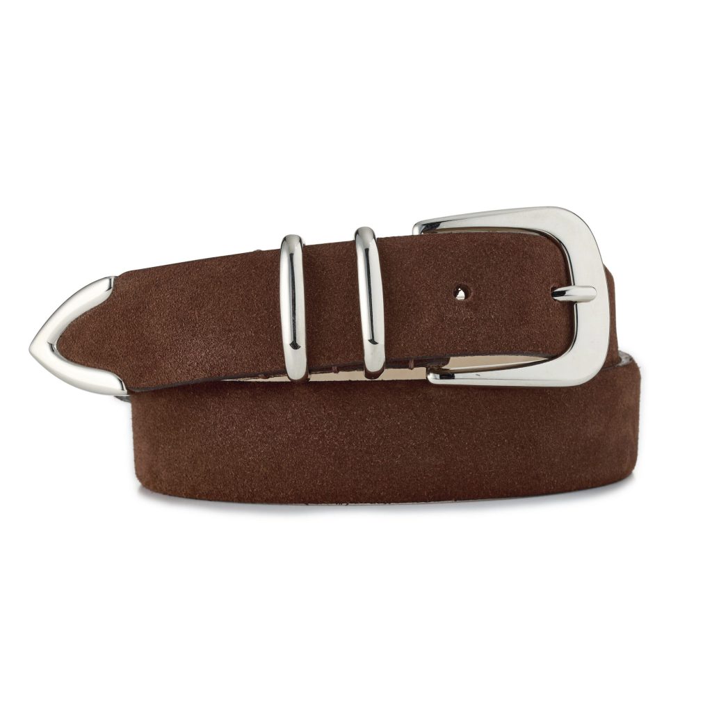 brown suede first class belt with shiny buckle, rolled