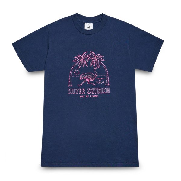 Navy t-shirt with pink ostrich and palm trees logo, seen front