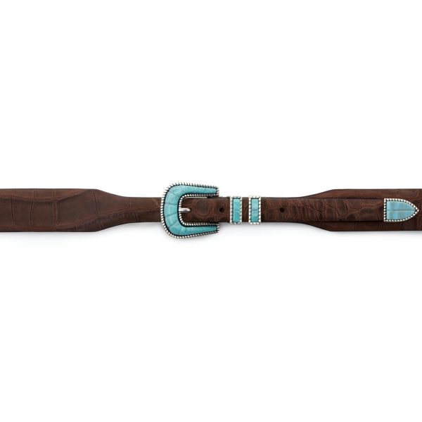 brown nubuck soft turquoise buckle belt, buckle view