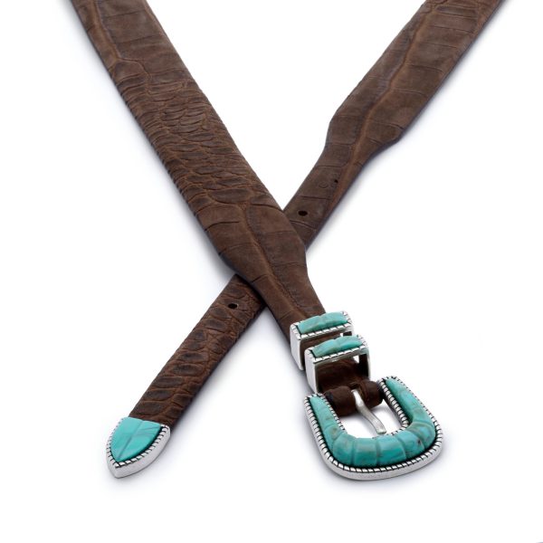 brown nubuck soft turquoise buckle belt, crossed