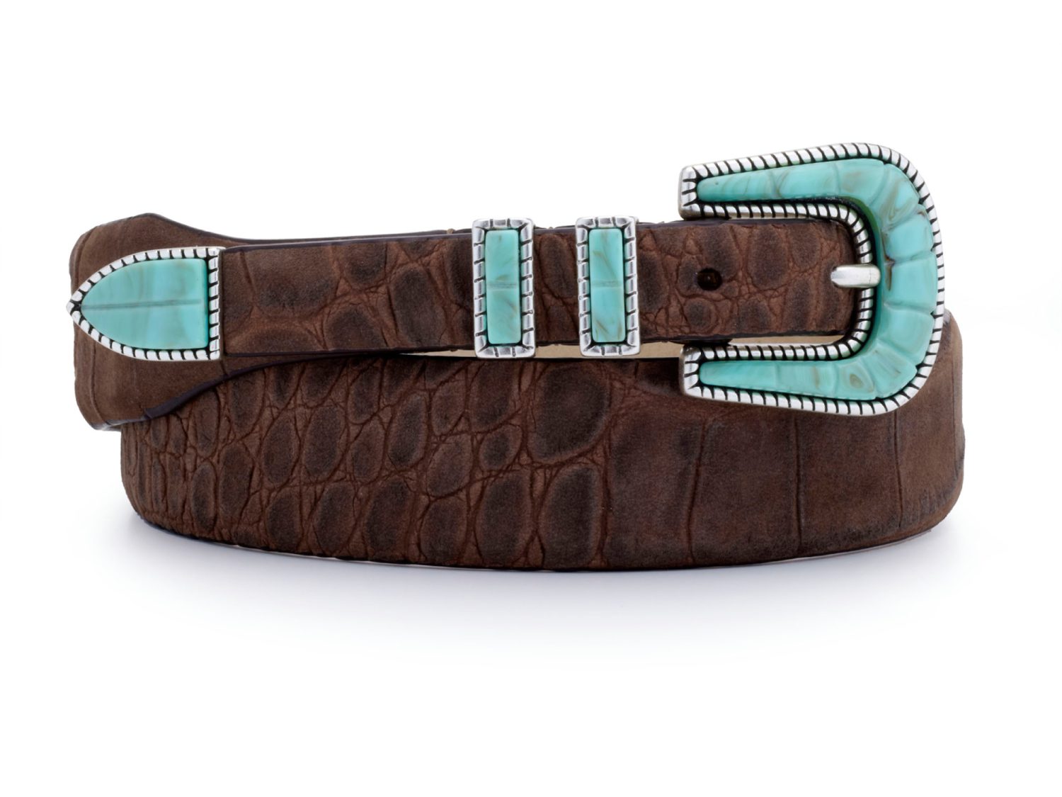 brown nubuck soft turquoise buckle belt, rolled