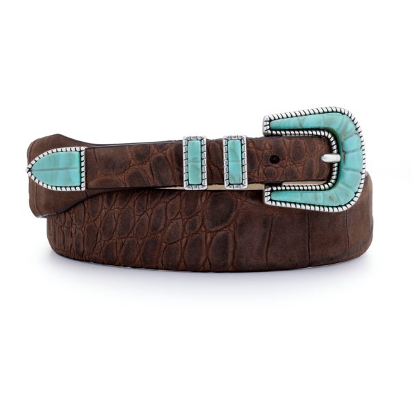 brown nubuck soft turquoise buckle belt, rolled