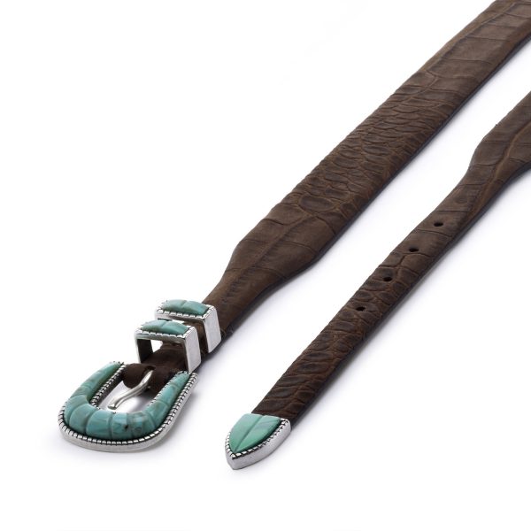 brown nubuck soft turquoise buckle belt, diagonal view