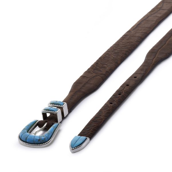 brown nubuck turquoise buckle belt, diagonal view