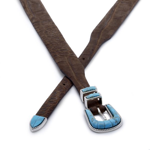 brown nubuck turquoise buckle belt, crossed