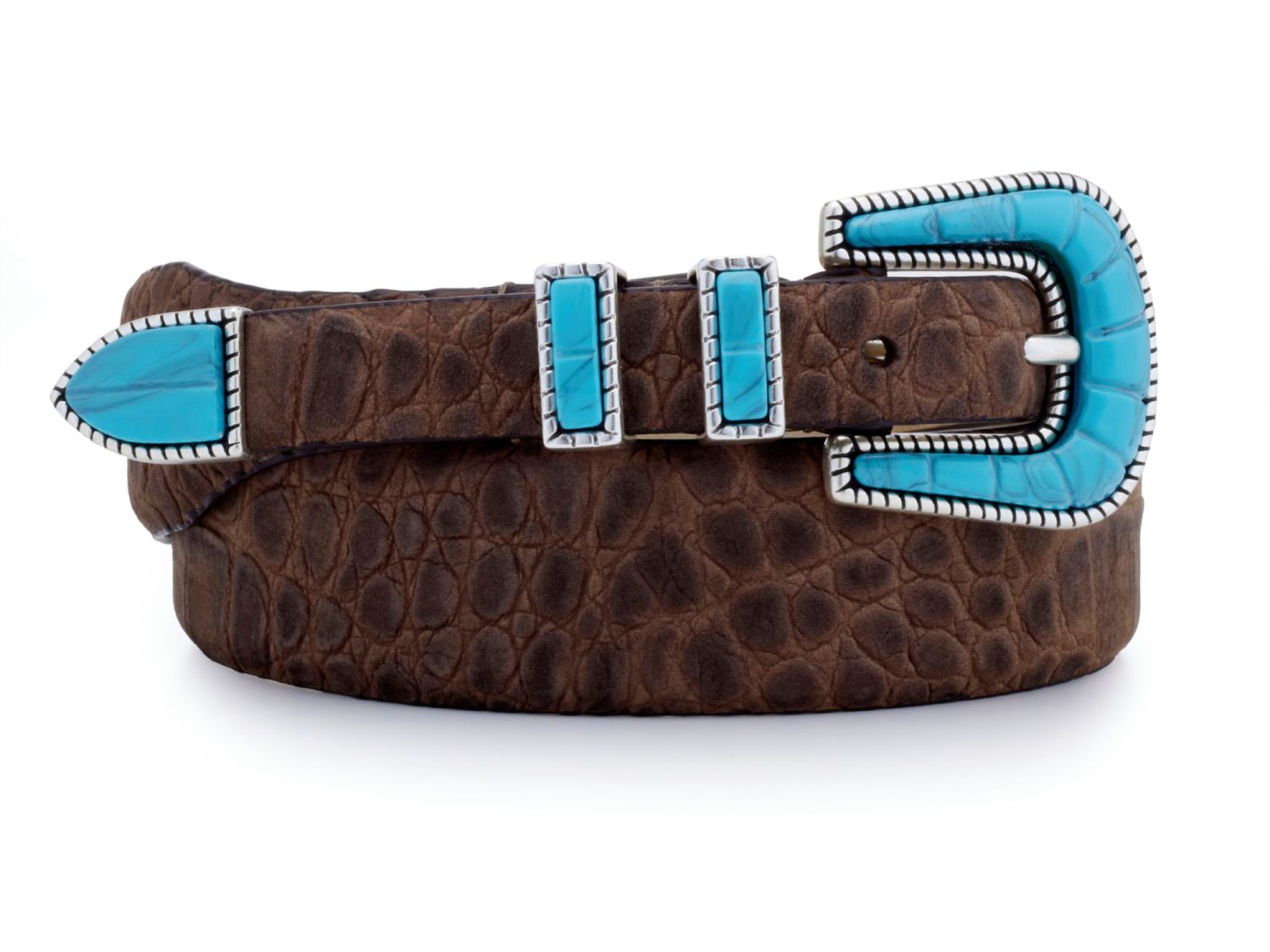 brown nubuck turquoise buckle belt, rolled