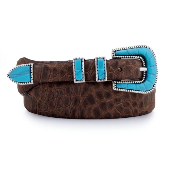 brown nubuck turquoise buckle belt, rolled