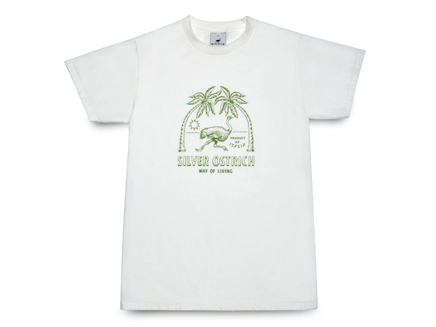 White t-shirt with green ostrich and palm trees logo, seen front, icon