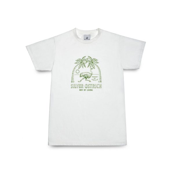 White t-shirt with green ostrich and palm trees logo, seen front, icon