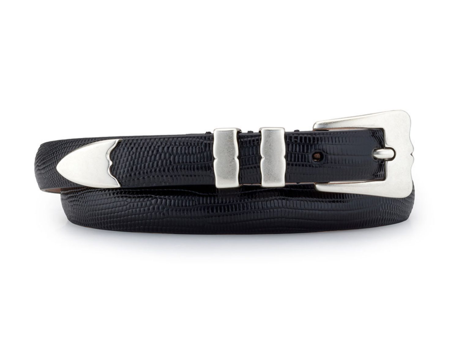 black embossed leather tiny lobster belt, rolled