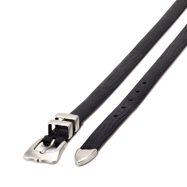 black embossed leather tiny lobster belt, diagonal view