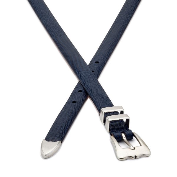 navy embossed leather tiny lobster belt, crossed