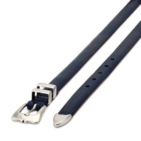 navy embossed leather tiny lobster belt, diagonal view