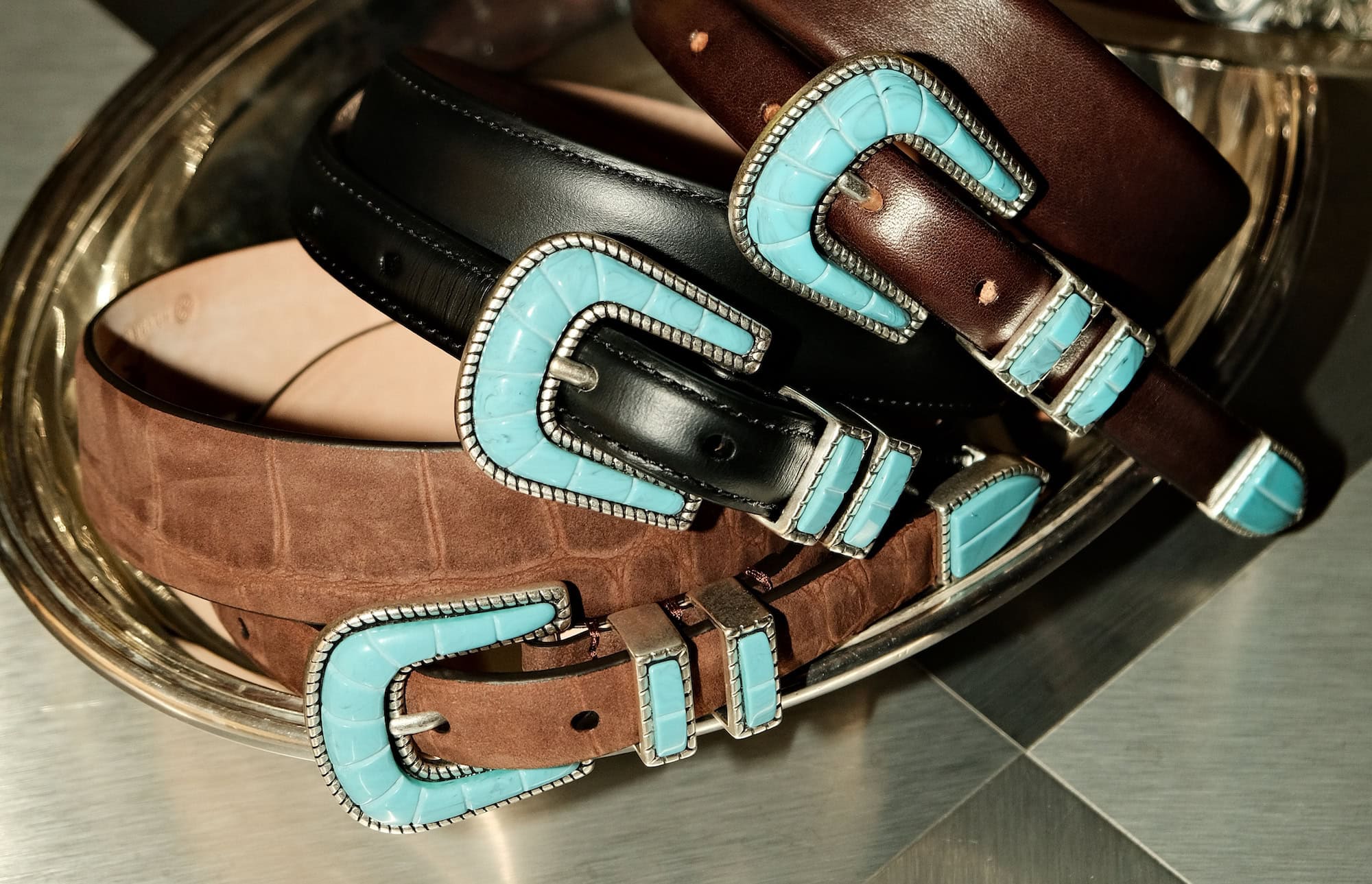 3 turquoise buckle belts handcrafted from embossed nubuck, black and brown premium calf