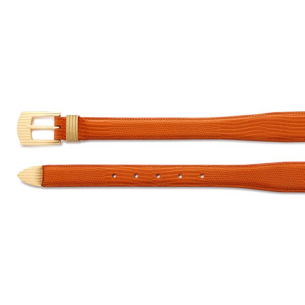 Golden buckle rodeo luxury belt, orange lizard-effect embossed leather, both ends