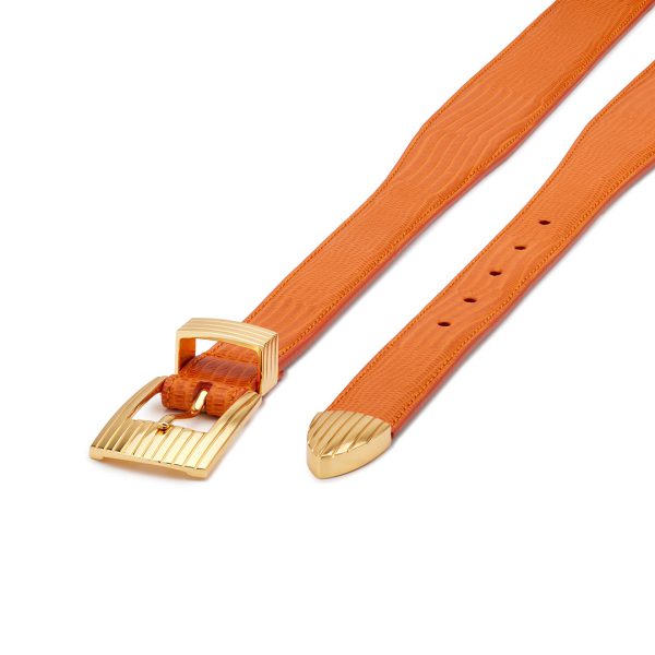 Golden buckle rodeo luxury belt, orange lizard-effect embossed leather, diagonal view