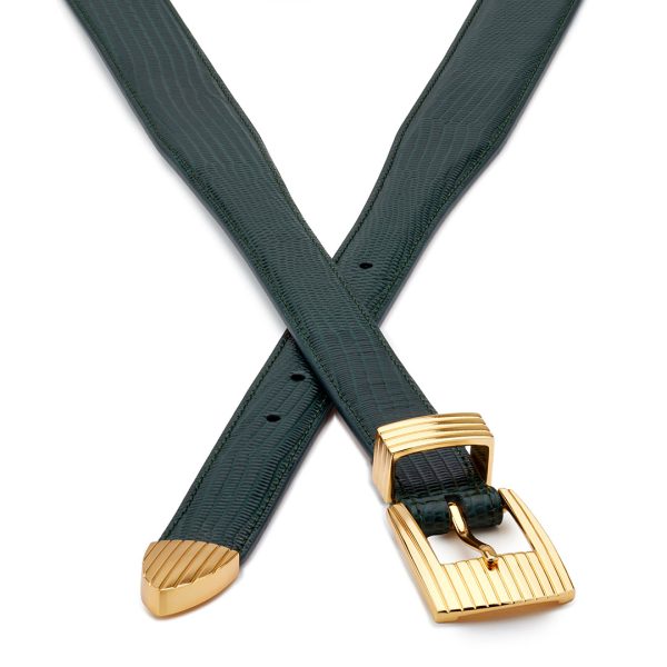 Golden buckle rodeo luxury belt, green lizard-effect embossed leather, crossed