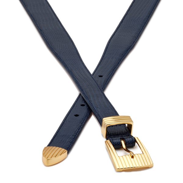 Golden buckle rodeo luxury belt, navy lizard-effect embossed leather, crossed